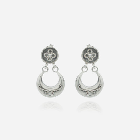 925 Sterling Silver Tribal Crescent Dangler Earrings for women featuring a handcrafted floral stud and a heritage scrollwork medallion.