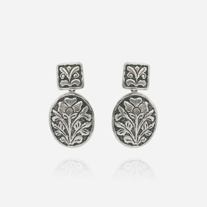 925 Sterling Silver Royal Flora Medallion Dangler Earrings for women featuring handcrafted floral engravings and a heritage oxidized finish.