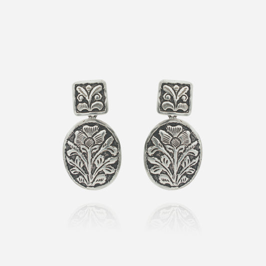925 Sterling Silver Royal Flora Medallion Dangler Earrings for women featuring handcrafted floral engravings and a heritage oxidized finish.