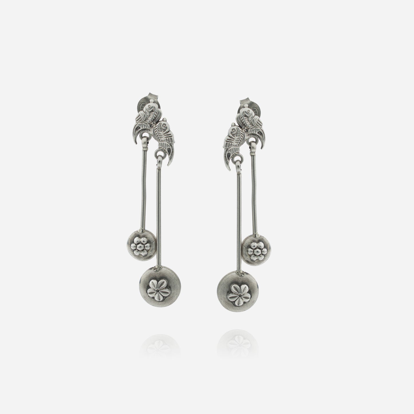 925 Sterling Silver Tribal Bird Medallion Dangler Earrings for women featuring handcrafted bird motifs and dual-length floral medallion drops