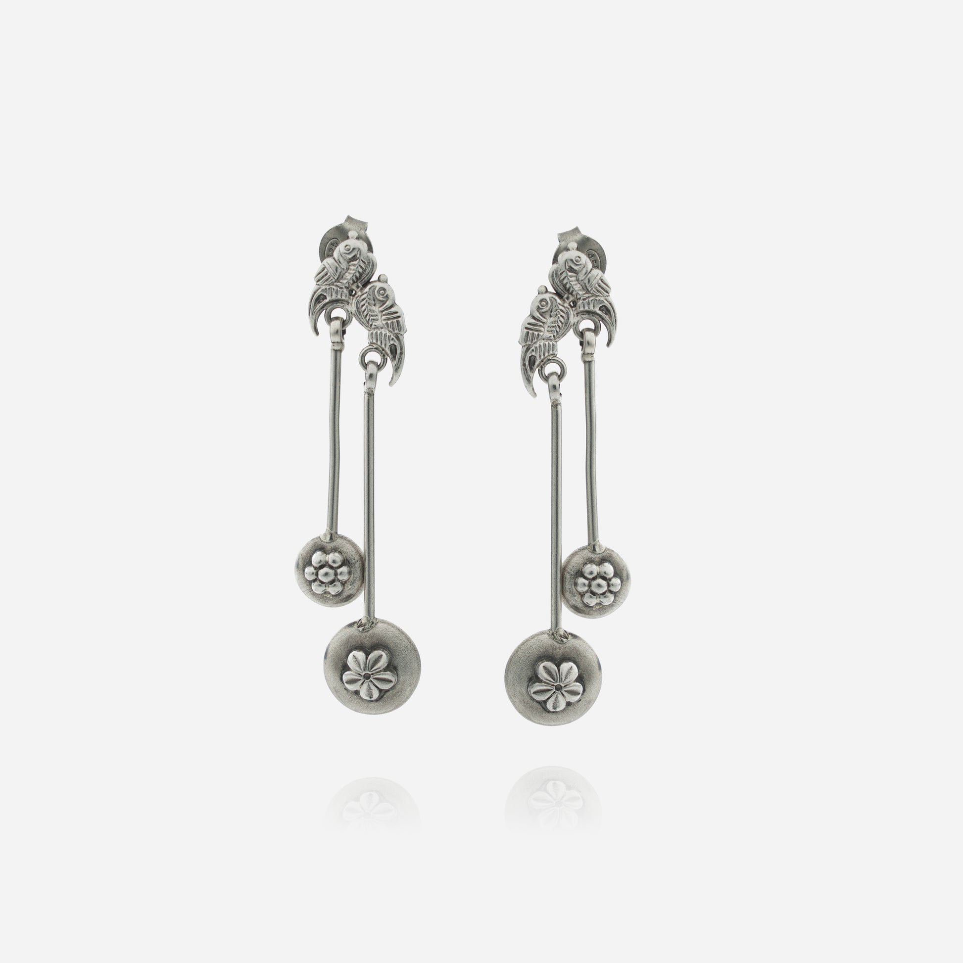 925 Sterling Silver Tribal Bird Medallion Dangler Earrings for women featuring handcrafted bird motifs and dual-length floral medallion drops