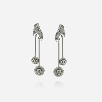 925 Sterling Silver Tribal Bird Medallion Dangler Earrings for women featuring handcrafted bird motifs and dual-length floral medallion drops