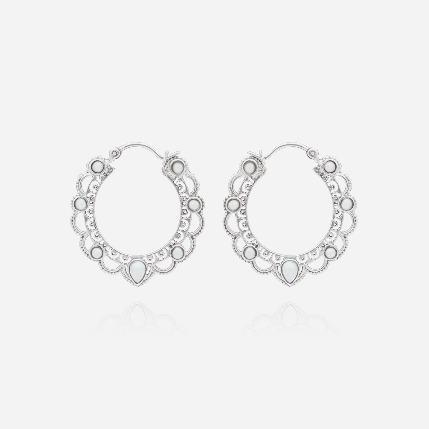 925 Sterling Silver Moon-Drop Pearl Hoop Earrings for women featuring handcrafted filigree lace detailing and a heritage silver finish