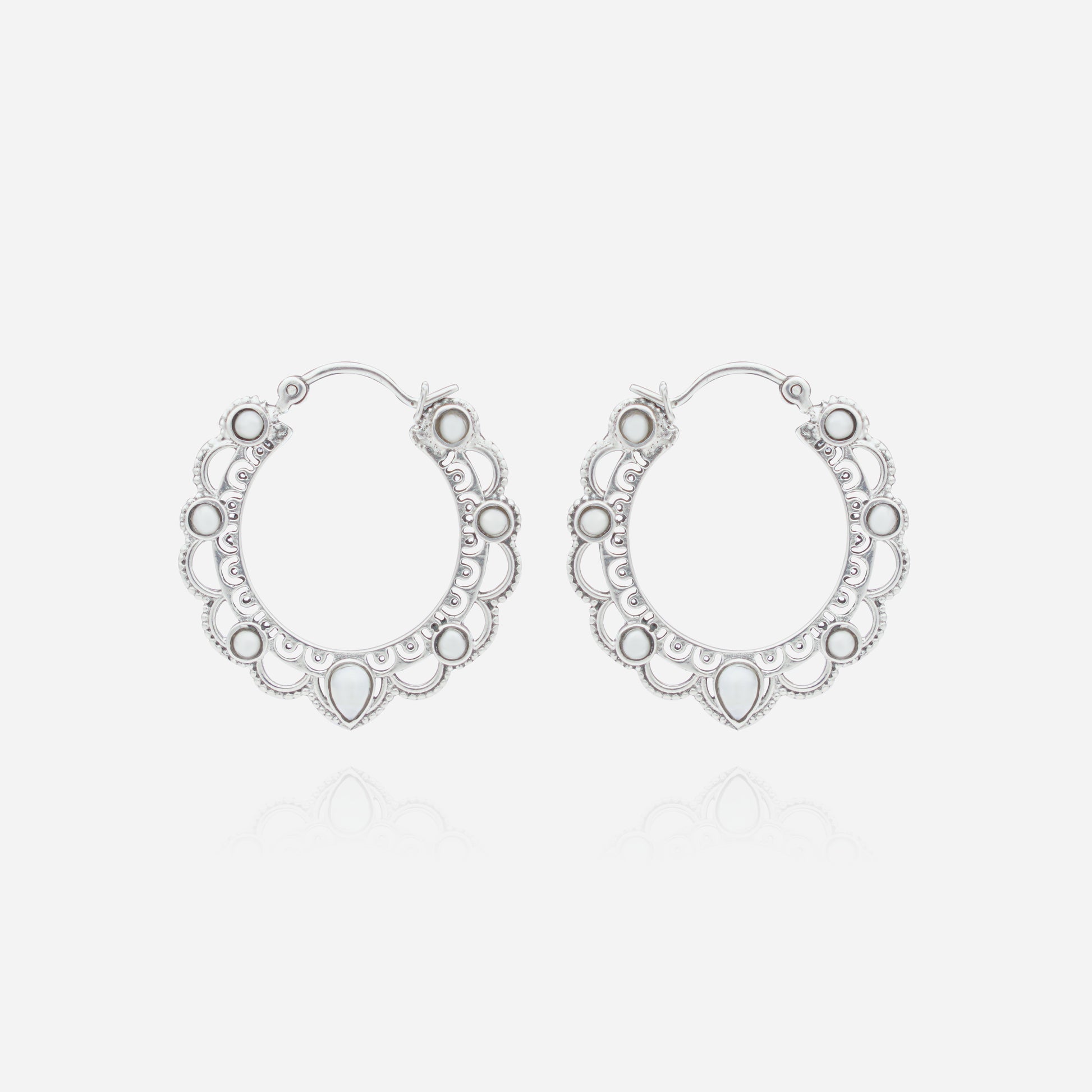 925 Sterling Silver Moon-Drop Pearl Hoop Earrings for women featuring handcrafted filigree lace detailing and a heritage silver finish