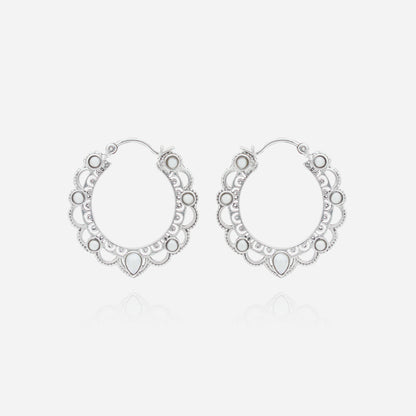 925 Sterling Silver Moon-Drop Pearl Hoop Earrings for women featuring handcrafted filigree lace detailing and a heritage silver finish