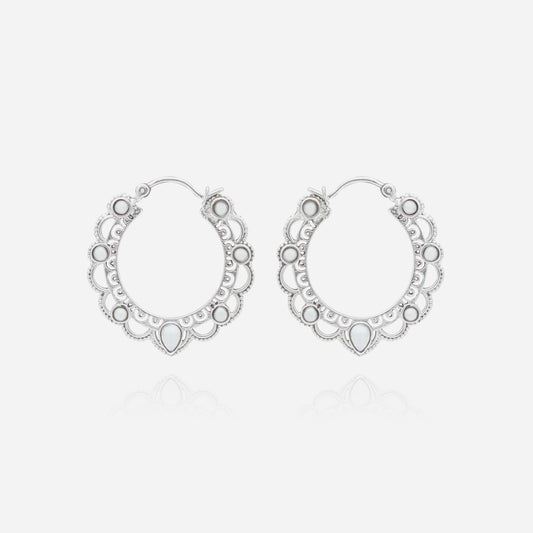 925 Sterling Silver Moon-Drop Pearl Hoop Earrings for women featuring handcrafted filigree lace detailing and a heritage silver finish