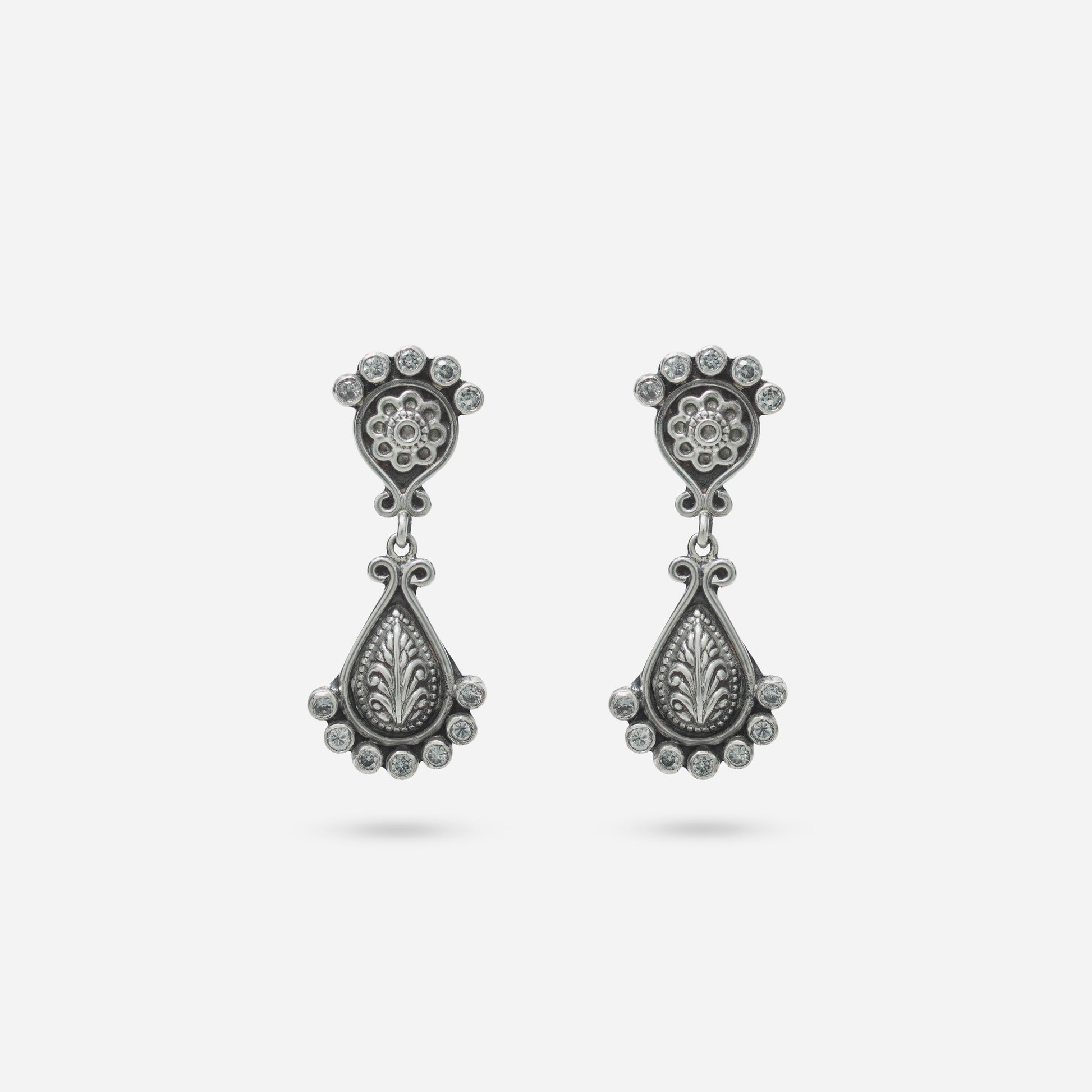 925 Sterling Silver Tribal Teardrop Drop Earrings for women featuring white stone accents and a handcrafted heritage oxidized finish.
