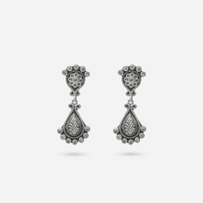 925 Sterling Silver Tribal Teardrop Drop Earrings for women featuring white stone accents and a handcrafted heritage oxidized finish.