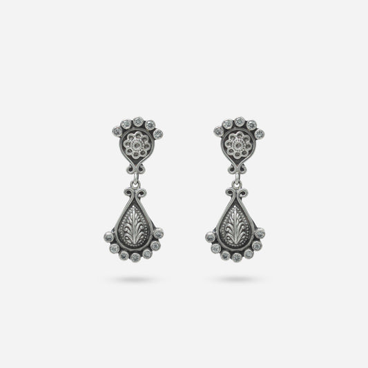 925 Sterling Silver Tribal Teardrop Drop Earrings for women featuring white stone accents and a handcrafted heritage oxidized finish.