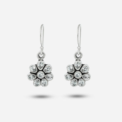 Pair of silver earrings with floral design on a white background
