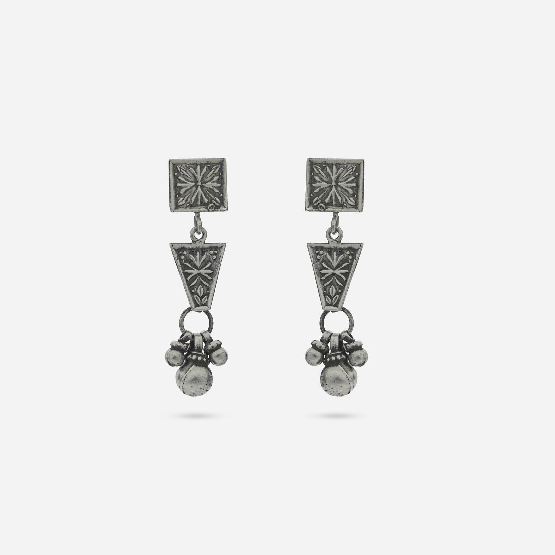 925 Sterling Silver Tribal Geometric Drop Earrings for women featuring handcrafted floral engravings and a heritage oxidized finish