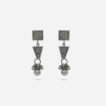 925 Sterling Silver Tribal Geometric Drop Earrings for women featuring handcrafted floral engravings and a heritage oxidized finish