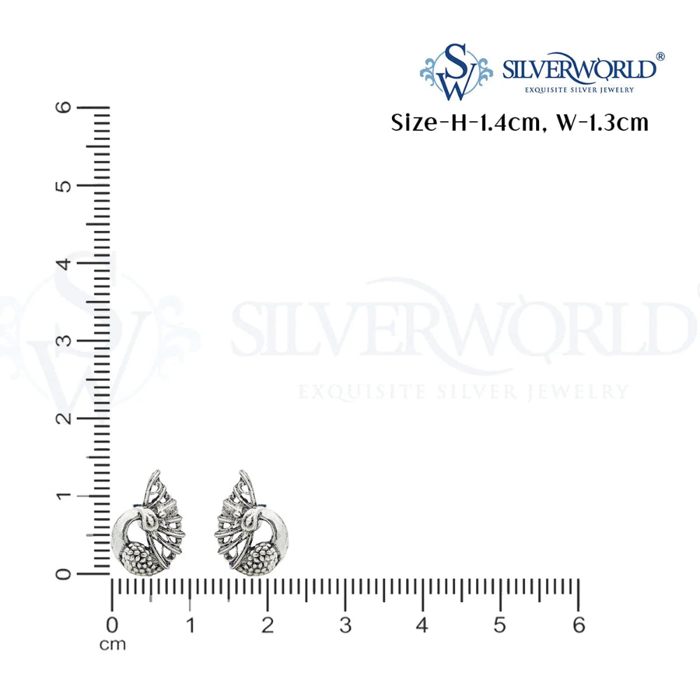Silver earrings with a ruler for size reference on a white background, featuring the SilverWorld brand.