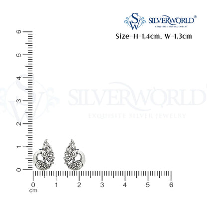 Silver earrings with a ruler for size reference on a white background, featuring the SilverWorld brand.