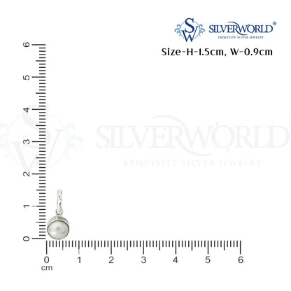 Silver pendant with a pearl on a ruler for size measurement, branded 'SilverWorld'.