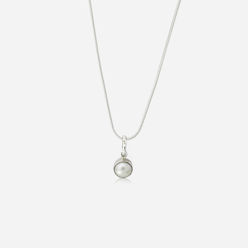 a silver necklace with a pearl pendant by Silver World.