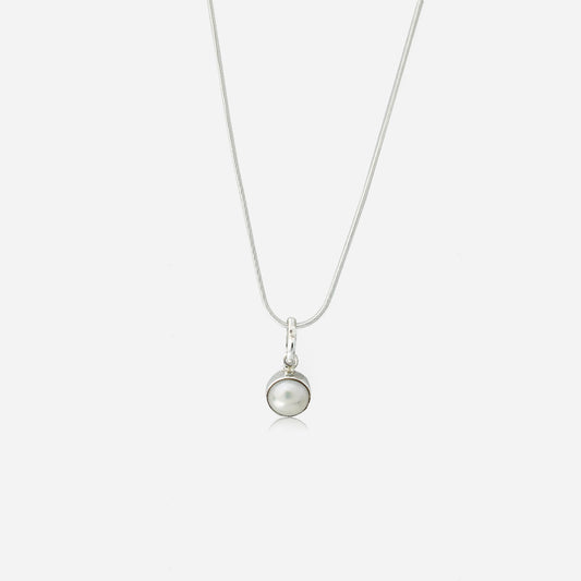 a silver necklace with a pearl pendant by Silver World.