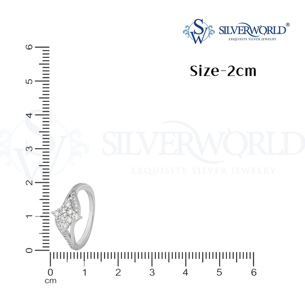 Silver ring with diamond accents next to a ruler on a white background, branded 'SilverWorld'.