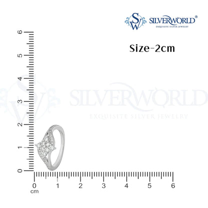 Silver ring with diamond accents next to a ruler on a white background, branded 'SilverWorld'.