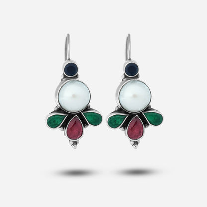 Pair of silver stone earrings with gemstones on a white background