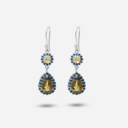 Pair of earrings with teardrop-shaped gemstones on a white background