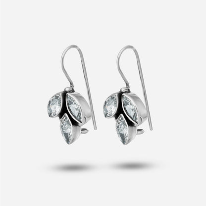 Pair of silver drop earrings with clear gemstones on a white background